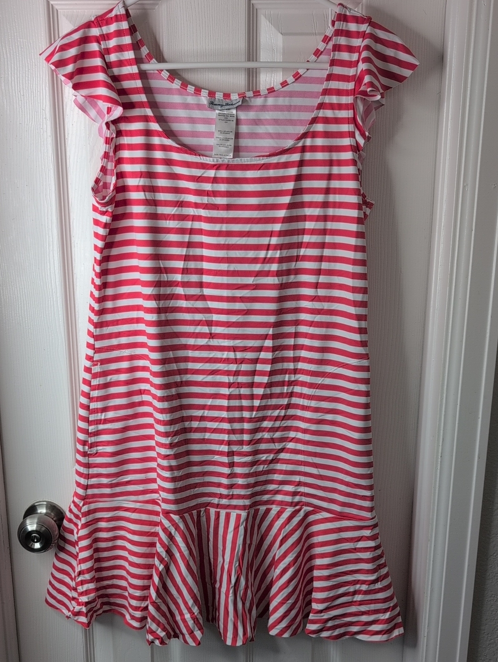 Tommy Bahama Pink and White Striped Ruffle-Hem Dress Size XS